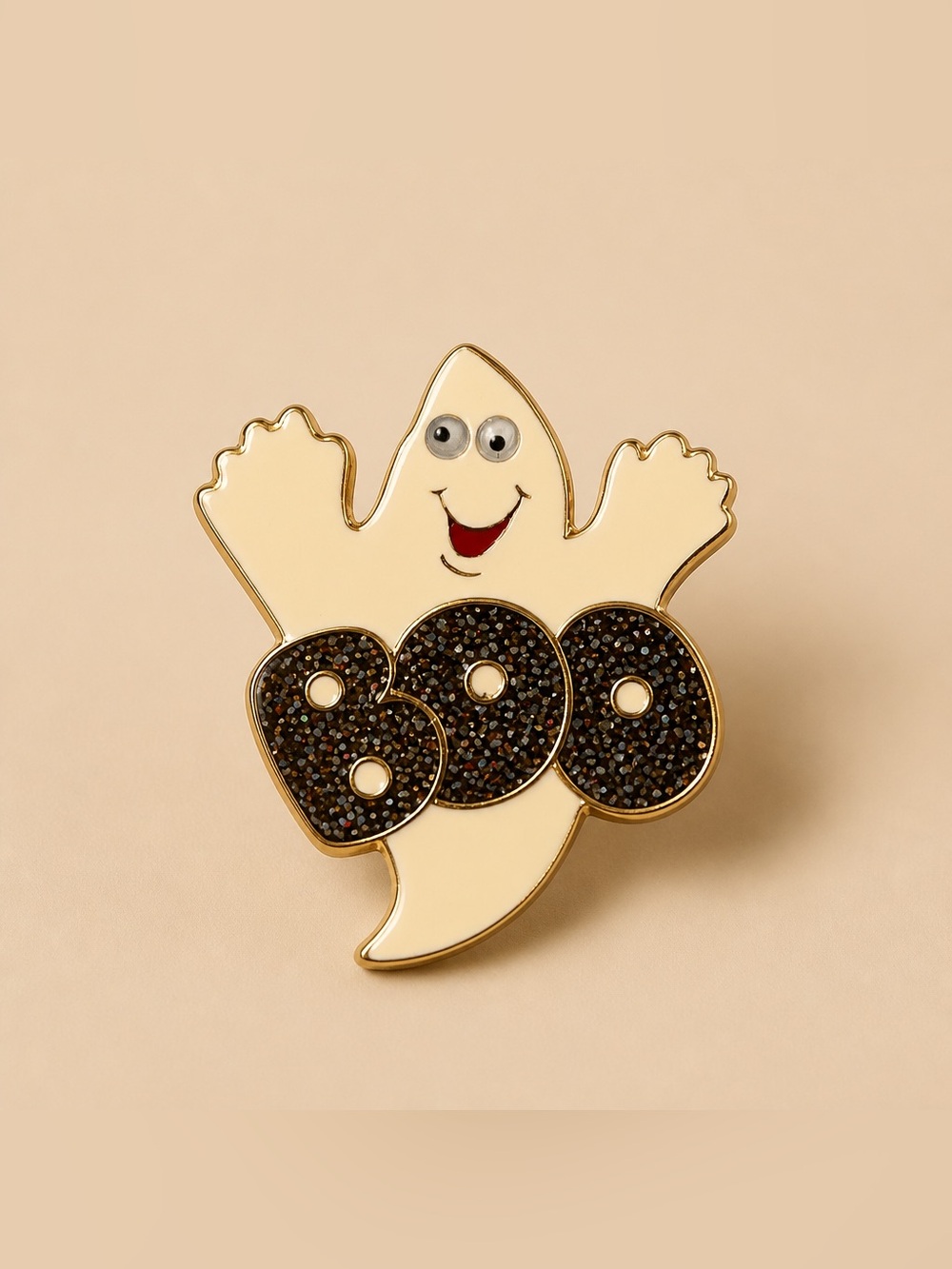 Halloween ghost enamel Brokch/pin featuring a smiling friendly ghost says BOO